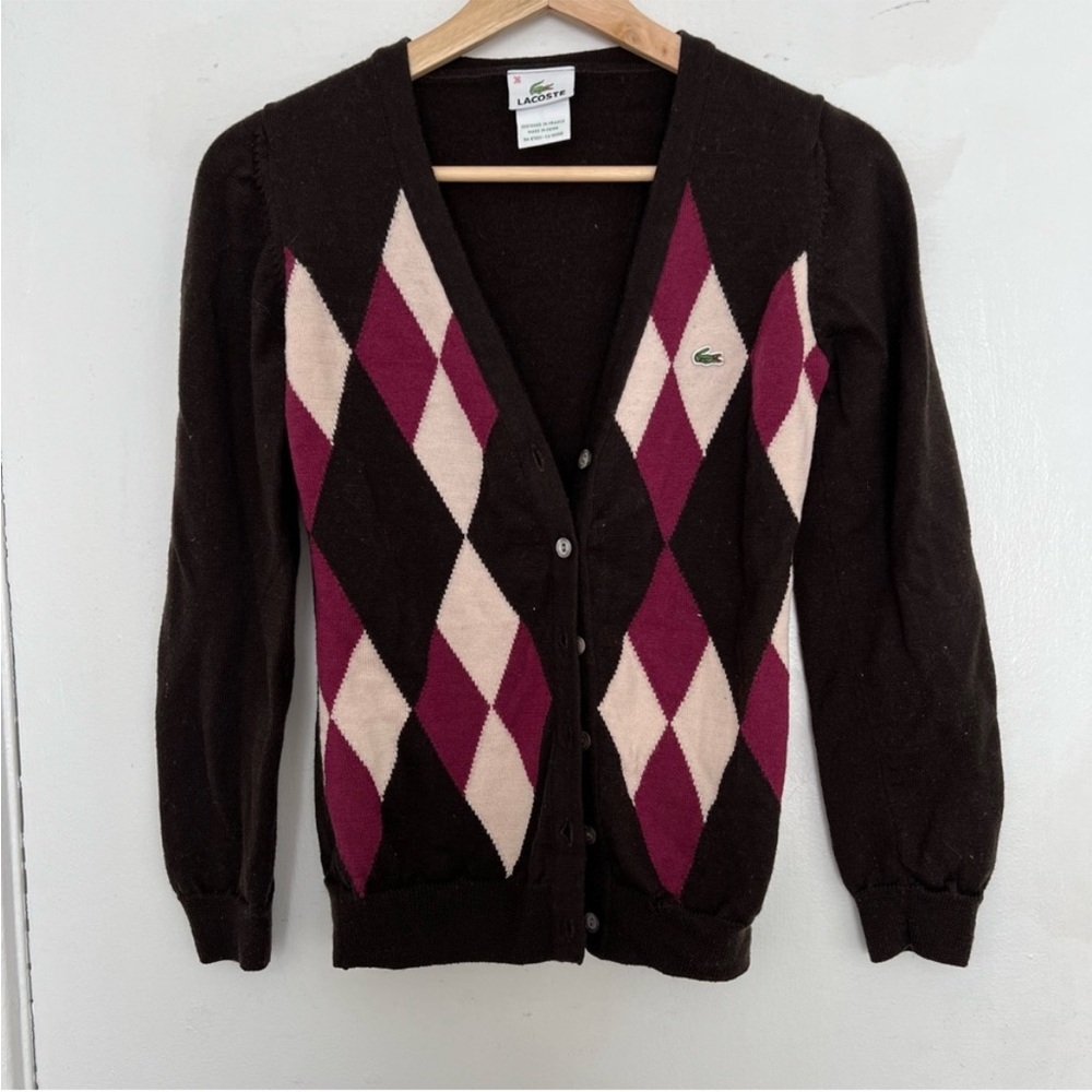 Lacoste Women's Cardigan with Brown and Pink Argyle